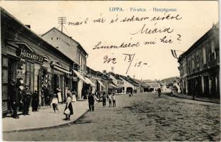 1912 Lippa, Lipova; Fő utca, Huszarek G. A., Weisz Vilmos üzlete. Konstantin Sándor kiadása / main s...