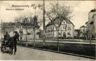 1913 Marosvásárhely, Targu Mures; Villasor a Trébelyben, lovaskocsi. Porjes S. Sándor kiadása / stre...
