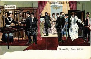 Pöstyén, Piestany; Táncestély a fürdőben, ruhatár mankókkal, humor / Tanz-Soirée / dance night at th...