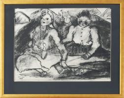 Emőd Aurél (1897-1958): Gyerekek. Szén, tus, papír, jelzett. Üvegezett fakeretben, 32,5×42 cm.