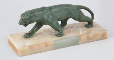 cca 1930 Art deco jaguár szobor, festett fém, jelzés nélkül, márvány talapzaton, kopással, 30x9 cm /...