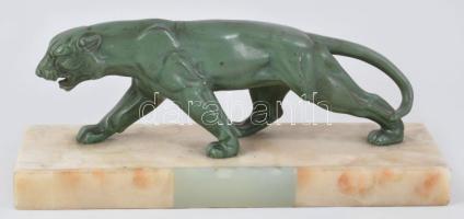 cca 1930 Art deco jaguár szobor, festett fém, jelzés nélkül, márvány talapzaton, kopással, 30x9 cm /...