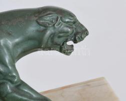 cca 1930 Art deco jaguár szobor, festett fém, jelzés nélkül, márvány talapzaton, kopással, 30x9 cm /...