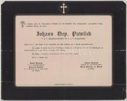 1892 Bécs, Johann Nep. Pawlick, a Cs. és Kir. Haditengerészet kapitányának halotti értesítője (tengeri balesetben hunyt el), lapszéli sérülésekkel, 23x29 cm