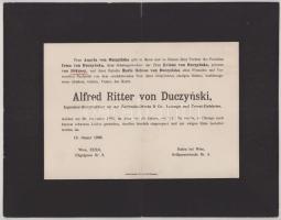 1907 Chicago, Alfred Ritter Von Duczyński (1885-1907) mérnök halotti értesítője, kis lapszéli sérüléssel, 23,5x30 cm