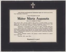 1931 Dombóvár, Máter Mária Auguszta, világi nevén Jakubovits Margit, a Szent Orsolya-rend nővérének halotti értesítője, kis lapszéli sérülésekkel, 23,5x30 cm