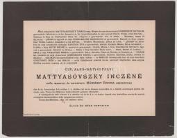 1890 Tarnaszentmiklós, alsó- és felsőmátyásfalvi Mattyasovszky Incéné, szül. márkus- és batizfalvi Máriássy Regina (1810-1890) halotti értesítője, kis lapszéli sérülésekkel, 23x29,5 cm