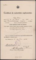 1922 Temesvári Zsidó Liceum érettségi bizonyítványa, francia és német nyelvből, Herz Olga részére, p...