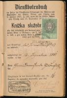 1881-1884 Cseh cselédkönyv, 15 kr okmánybélyeggel, bejegyzésekkel, Guldenfurt (Brod nad Dyjí) bélyeg...