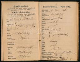 1881-1884 Cseh cselédkönyv, 15 kr okmánybélyeggel, bejegyzésekkel, Guldenfurt (Brod nad Dyjí) bélyeg...