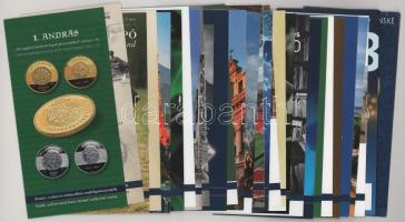 2021-2024. 30db színes, érmés MNB tájékoztató, közte: I. András arany, 100 éves a Magyar Nemzeti Bank, II. András aranybullája, 2021-es labdarúgó Európa Bajnokság, Magyar agár, Mudi, stb. + 2023-as német emlék- és gyűjtői pénzek kiadványa + 2019. "100 éves a csehszlovák Korona" prágai kiállítás ismertetője és belépőjegye