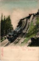 Tátra, Magas-Tátra, Vysoké Tatry; Csorbai állomás, fogaskerekű vasútállomás, vonat, gőzmozdony / Csorba-Station / funicular railway station, locomotive, train. Stengel &amp; Co. (lyuk / pinhole)