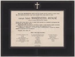 1939 Veszprém, ranysi báró Brandstein Antalné, szül. kricsfalusi Kricsfalussy Manyi halotti értesítő...