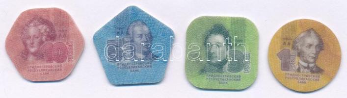 Dnyeszter-menti Köztársaság 2014. 1R + 3R + 5R + 10R. A Dnyeszter-menti Köztársaság Moldova keleti részén, a Dnyeszter folyó mentén helyezkedik el; egy, az ott élő orosz lakosság által kikiáltott, nemzetközileg el nem ismert szakadár államalakulat. A kezdeti időszakban a forgalomban lévő szovjet, majd orosz bankjegyeket felülbélyegezték, később azonban áttértek saját bankjegyek kibocsátására az aprópénzt, a kopejkát pedig szerződéses alapon verették Lengyelországban. Ez diplomáciai feszültséget okozott Moldova és Lengyelország között, majd 2004-ben az ukrán hatóságok lefoglaltak egy nagy értékű érmeszállítmányt. Az egyre fokozódó politikai nyomás hatására a lengyel pénzverde végül felmondta az együttműködést. Ennek következményeként 2005-ben pénzverde nyílt Tiraszpolban, amely azóta is a helyi pénzkibocsátás központjaként működik. 2014-ben a legkisebb címletű bankjegyek helyettesítésére bevezették a világ első, hivatalos fizetőeszközként használt műanyag érmesorozatát. Az érmék korszerű polikarbonátból készültek, rendkívül tartósak és szinte törhetetlenek. Az egyes címletek eltérő formája és színe nemcsak a könnyebb azonosítást segíti, hanem a hamisítás elleni védelmet is. T:UNC  Transnistria 2014. 1 Rouble + 3 Roubles + 5 Roubles + 10 Roubles. The Transnistrian Republic is located in eastern Moldova, along the Dniester River; it is an internationally unrecognized breakaway state proclaimed by the Russian population living there. In the early period, the Soviet and then Russian banknotes in circulation were overstamped, but later they switched to issuing their own banknotes, the small notes, and the kopeck was minted in Poland on a contractual basis. This caused diplomatic tension between Moldova and Poland, and in 2004, the Ukrainian authorities seized a large shipment of coins. As a result of the increasing political pressure, the Polish mint finally terminated the cooperation. As a result, a mint was opened in Tiraspol in 2005, which has been the center of local money issuance ever since. In 2014, the world's first series of plastic coins used as official currency was introduced to replace the smallest denomination banknotes. The coins are made of advanced polycarbonate, making them extremely durable and virtually unbreakable. The different shapes and colors of each denomination not only help with identification, but also protect against counterfeiting. C:UNC