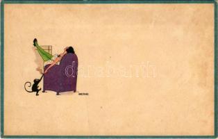 Lady art postcard, smoking a cigarette, monkey. Kilophot Serie 15-5. s: Anny Tekauz (gyűrődés / crease)