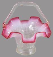 Art deco hutaüveg kosár asztaldísz, részben opalitüveg, hibátlan, m: 17 cm