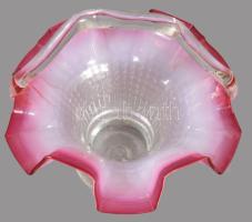 Art deco hutaüveg kosár asztaldísz, részben opalitüveg, hibátlan, m: 17 cm