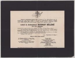 1931 Bp., rudnói és divékújfalusi Rudnay Béláné, szül. nemes Birly Ilona halotti értesítője, kis lapszéli sérülésekkel, 23x30 cm
