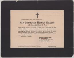 1914 Bp., özv. ómoroviczai Henrich Alajosné, szül. ómoroviczai Heinrich Flóra halotti értesítője, kisebb lapszéli sérülésekkel, 24x31 cm