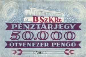 DN. Budapest Székesfővárosi Közlekedési Részvénytársaság pénztárjegye 50.000P-ről elő és hátlapon végighúzódó fehér csík T:II+