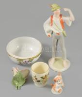 5 darabos magyar porcelán tétel, Herendi bonbonier alj, sérült Hollóházi figura, Zsolnay pohár, stb.