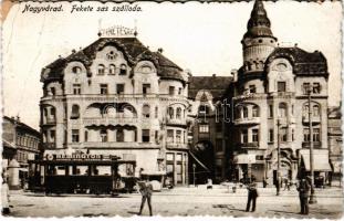 Nagyvárad, Oradea; Fekete Sas szálloda, Vigadó Mozgó, mozi, villamos Remington írógép reklámmal / hotel, shops, cinema, tram with advertisement (fa)