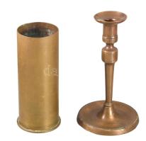 Antik bronz gyertyatartó és töltényhüvely, m: 17-19 cm