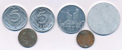 6db-os (5xklf) vegyes, magyar és külföldi zseton- és bárcatétel, közte: nyers, veretlen lapka (36mm/5,64g) + 1962. "5 éves a Lottó!" kétoldalas Al reklámzseton (2x) + Kanada 1978. 1$ értékű Al bárca "A CAND (Kanadai Numizmatikai Kereskedők Szövetsége) tagjai által beváltható a Torexnél minimum 25$ értékű vásárlás esetén" + Német Birodalom 1920 k. "National Kontroll Kassen Vermehren Umsatz und Gewinn (A National Control pénztárgépek növelik az eladásokat és a profitot)" kétoldalas bronz reklámzseton (20mm) T:AU-F 6pcs (5xdiff) mixed, Hungarian and foreign token and coin set, including: Al raw, unimpressed coin (36mm/5,64g) + 1962. "5 years of the Lottery!" double-sided Al advertising token (2x) + Canada 1978. $1 Al token "Can be redeemed by members of CAND (Canadian Numismatic Dealers Association) at Torex for a minimum purchase of $25" + German Empire c. 1920. "National Kontroll Kassen Vermehren Umsatz und Gewinn (National Control cash registers increase sales and profits)" double-sided bronze advertising token (20mm) T:AU-F