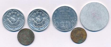 6db-os (5xklf) vegyes, magyar és külföldi zseton- és bárcatétel, közte: nyers, veretlen lapka (36mm/...