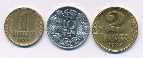 Jugoszlávia 1938. 1D Al-bronz + 2D Al-bronz + 10D Ni T:AU Yugoslavia 1938. 1 Dinar Al-Bronze + 2 Dinara Al-Bronze + 10 Dinara Ni C:AU Krause KM#19, KM#20, KM#22