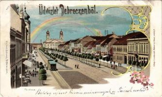 1899 Debrecen, Fő utca, villamos, Szabó István kiadása, Kunstanstalt Mehner &amp; Maas. Art Nouv...