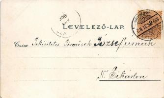 1899 Debrecen, Fő utca, villamos, Szabó István kiadása, Kunstanstalt Mehner &amp; Maas. Art Nouv...