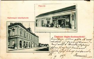 1907 Hajdúszoboszló, Piac tér, Hajdúmegyei takarékpénztár, György Géza és Ezry Adolf üzlete. + &quot...