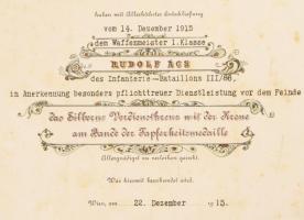 1915 "Ezüst Katonai Érdemérem a katonai érdemkereszt szalagján" kitűnetést adományozó okir...