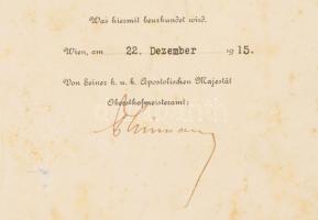 1915 "Ezüst Katonai Érdemérem a katonai érdemkereszt szalagján" kitűnetést adományozó okir...