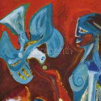 Jelzés nélkül: Galambot etető. Tűzzománc, réz lemez 24x12 cm Keretben