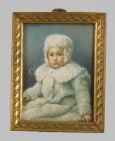 cca 1900 Elefántcsontra festett miniatűr, szecessziós bronz képkeretben, 9x7 cm