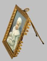 cca 1900 Elefántcsontra festett miniatűr, szecessziós bronz képkeretben, 9x7 cm