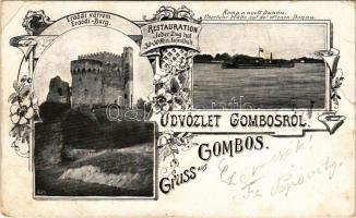 1900 Gombos, Bogoja, Bogojevo; Erdődi várrom, Komp a nyílt Dunán. Szecessziós-virágos keret / Erdődi...