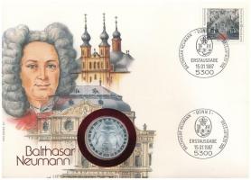 Német Szövetségi Köztársaság 1978F 5M Ag "Balthasar Neumann halálának 225. évfordulója" érmés borítékban, bélyeggel és bélyegzéssel T:UNC patina Federal Republic Germany 1978F 5 Mark Ag "Balthasar Neumann halálának 225. évfordulója" in coin envelope with stamps and cancellation C:UNC patina