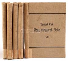 Benedek Elek: Nagy magyarok élete. VII., VIII., IX., X., XI. kötetek. Bp., 1907-1914, Athenaeum. Kiadói egészvászon-kötés, vegyes állapotban.