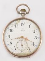 Ezüst (Ag) Omega zsebóra, Jelzett tok, jelzett szerkezet, jelzett sérült számlap, olajozni kell, de működőképes. d: 45 mm