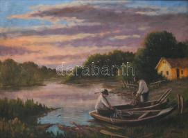 Olvashatatlan jelzéssel, XX. sz. közepe/második fele: Halászok a parton. Olaj, vászon. Dekoratív fak...