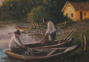 Olvashatatlan jelzéssel, XX. sz. közepe/második fele: Halászok a parton. Olaj, vászon. Dekoratív fak...