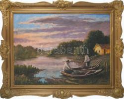 Olvashatatlan jelzéssel, XX. sz. közepe/második fele: Halászok a parton. Olaj, vászon. Dekoratív fak...