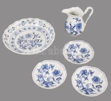 Dubi Bohemia hagymamintás kínáló, 3 tálka és kiöntő, jelzett, d: 24 cm