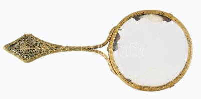cca 1880 Antik réz kézitükör, sérült üveggel, h: 19 cm