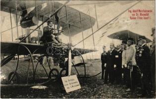 Ing. Adolf Warchalowski vor Sr. Majestät Kaiser Franz Josef I. Typ. Autobiplan, Besitzer Autoplanwerke / Pilot Warchalowski with his aircraft and Franz Joseph I of Austria (r)