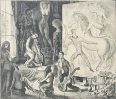 Szabó Vladimír (1905-1991): Művészek. Rézkarc, papír, jelzett, lapszéli néhány kevés apró folttal, 24,5x29 cm. Üvegezett fakeretben.