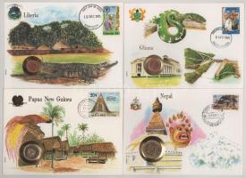 Vegyes, 4xklf érmés boríték tétel, bélyeggel, bélyegzéssel és német nyelvű leírással, benne: Libéria 1972. 1c + Ghána 1958. 1/2p + Nepál 1979. 1R + Pápua Új-Guinea 1975. 10t T:UNC Mixed, 4xdiff coins in envelope lot, with stamp and cancellation, with German language description, in it: Liberia 1972. 1 Cent + Ghána 1958. 1/2 Penny + Nepál 1979. 1 Rupee + Papua New Guinea 1975. 10 Toea C:UNC